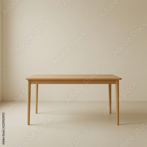 Minimalist wooden dining table isolated in neutral interior room setting