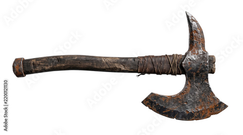 Obraz na plátně Ancient rusty battle axe with weathered wooden handle, medieval viking war hatch