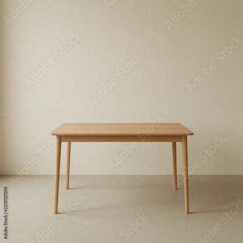 Minimalist wooden dining table isolated in neutral interior room setting