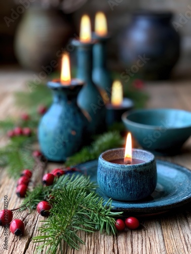 Candlelit teal pottery with fir branches and red berries on rustic wood, creating a cozy ambiance