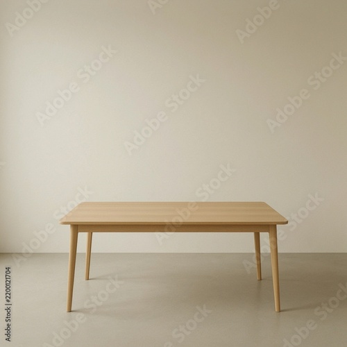 Minimalist wooden dining table isolated in neutral interior room setting