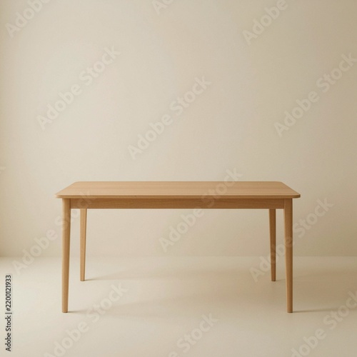 Minimalist wooden dining table isolated in neutral interior room setting