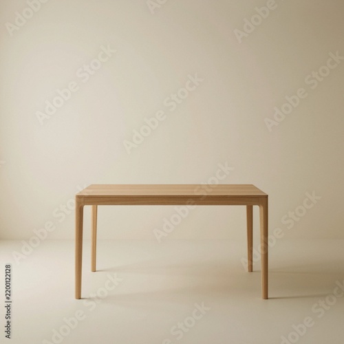 Minimalist wooden dining table isolated in neutral interior room setting