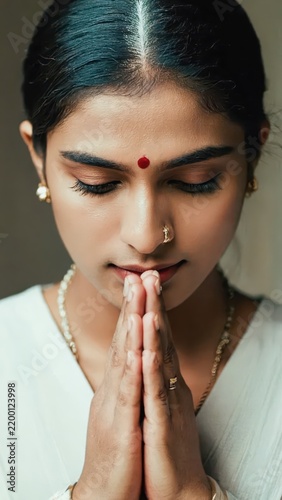 Young Indian Woman in Prayer: Spiritual Reflection and Cultural Representation in a Serene Portrait