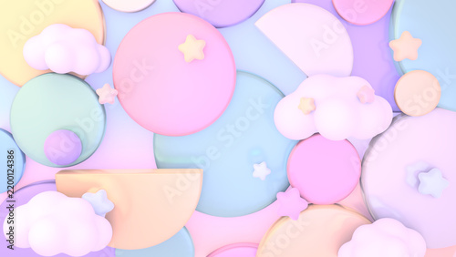 3D render of pastel geometric shapes with clouds and stars.