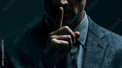 A mature business man in a stylish suit makes a silent gesture with his finger over his mouth in a dark moody studio background offering mystery and confidentiality for corporate design concepts today