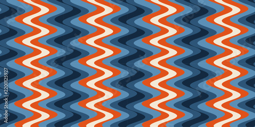 Seamless retro 70s pattern with vertical wavy stripes in blue, orange and cream, vector
