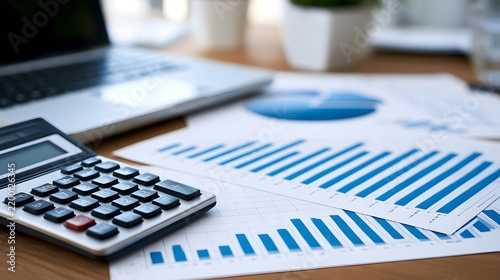 Business analytics setup with calculator  printed charts  and laptop on a wooden desk in a modern office environment