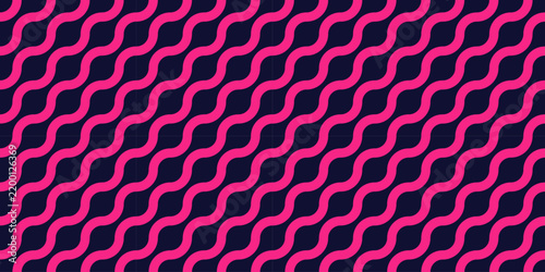 Seamless pattern of pink diagonal wavy arcs on dark navy blue background, geometric vector