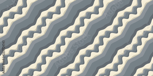 Seamless pattern of gray and cream diagonal wavy layered stripes, abstract vector background
