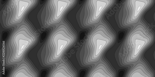 Seamless pattern of black and gray topographic contour lines with dashed outlines, vector