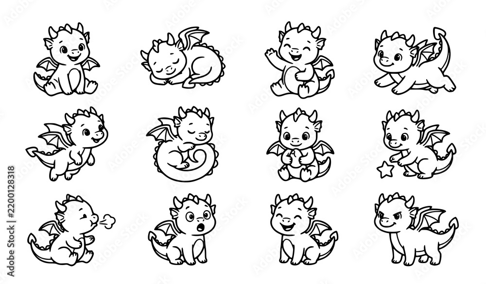 Obraz premium Cute Baby Dragon Line Art Collection – Adorable Fantasy Character Illustrations
