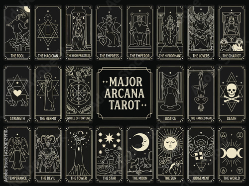 Minimalist Major Arcana Tarot Card Set, Complete Collection of 22 Mystical Divination Deck Symbols in Elegant Vector Line Art Style
