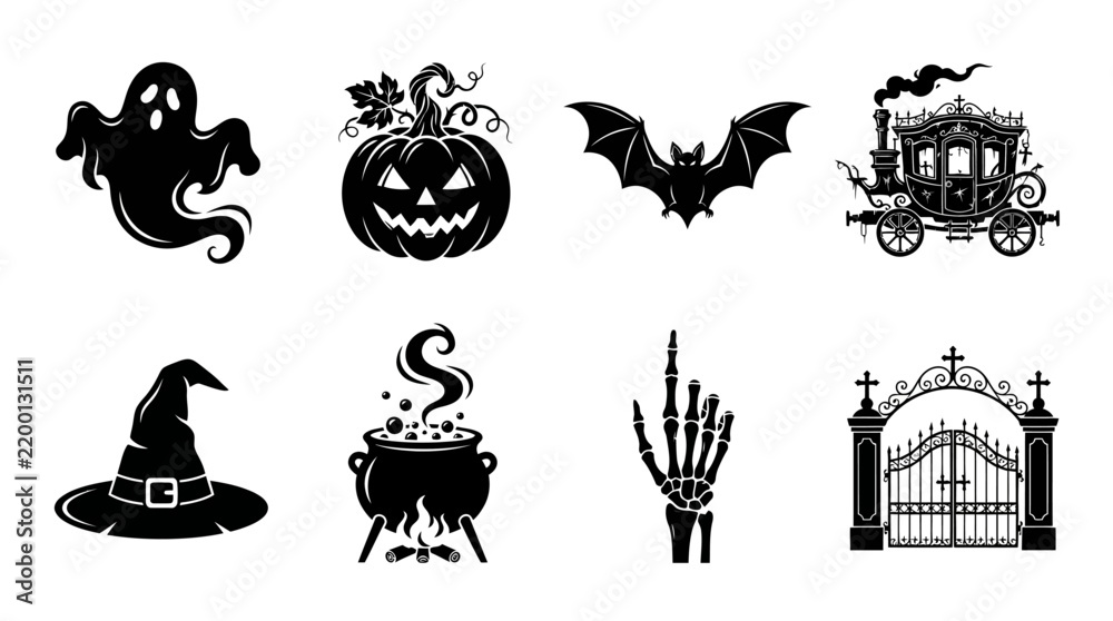 Fototapeta premium Halloween Icon Set: Ghost, Pumpkin, Bat, Haunted House, editable eps