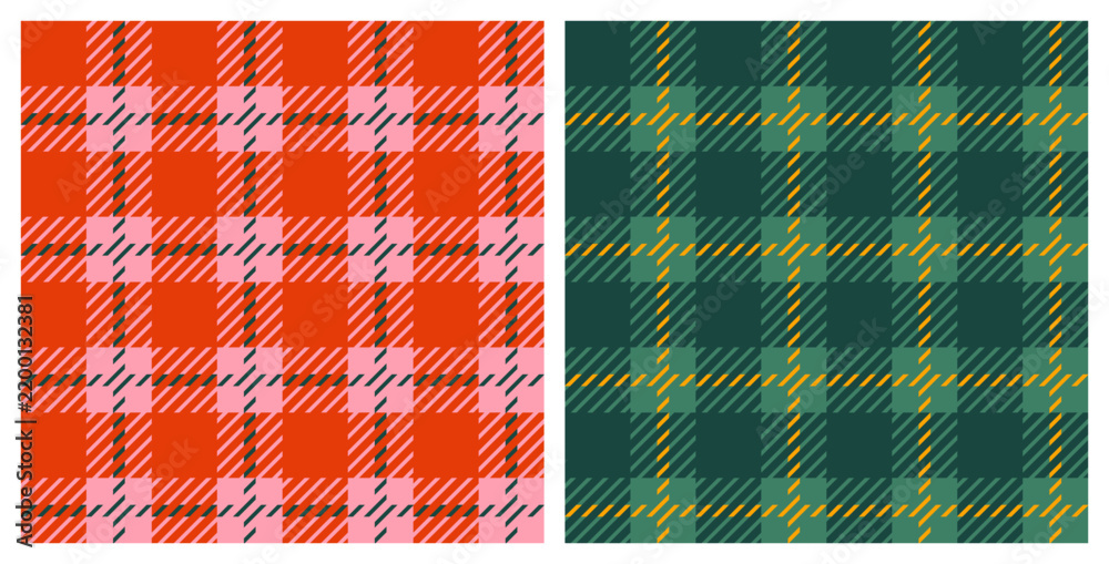 Obraz premium Abstract modern seamless classic Christmas plaid patterns set, traditional multicolored festive geometric tartan backgrounds in red and green colors, simple vector illustration in a flat style.