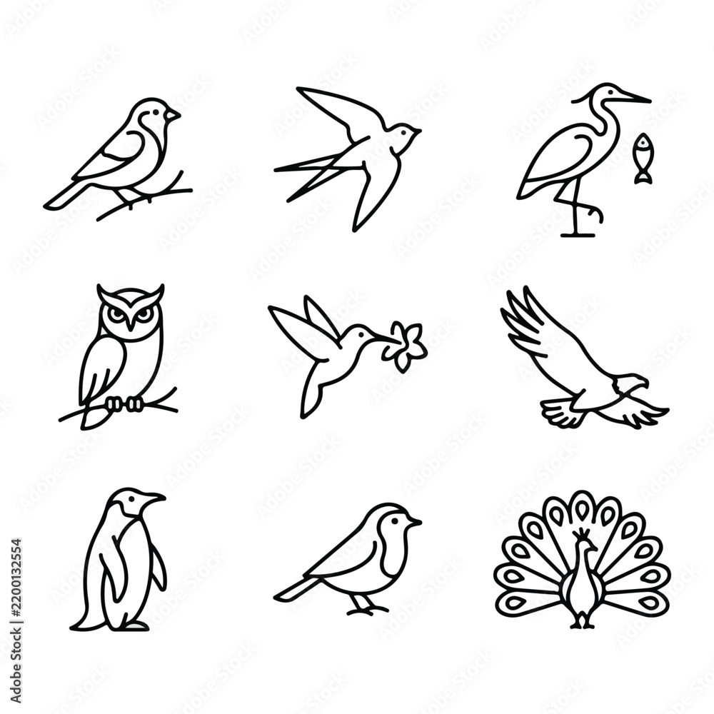 Fototapeta premium Bird icons set featuring eagle owl penguin peacock hummingbird line art