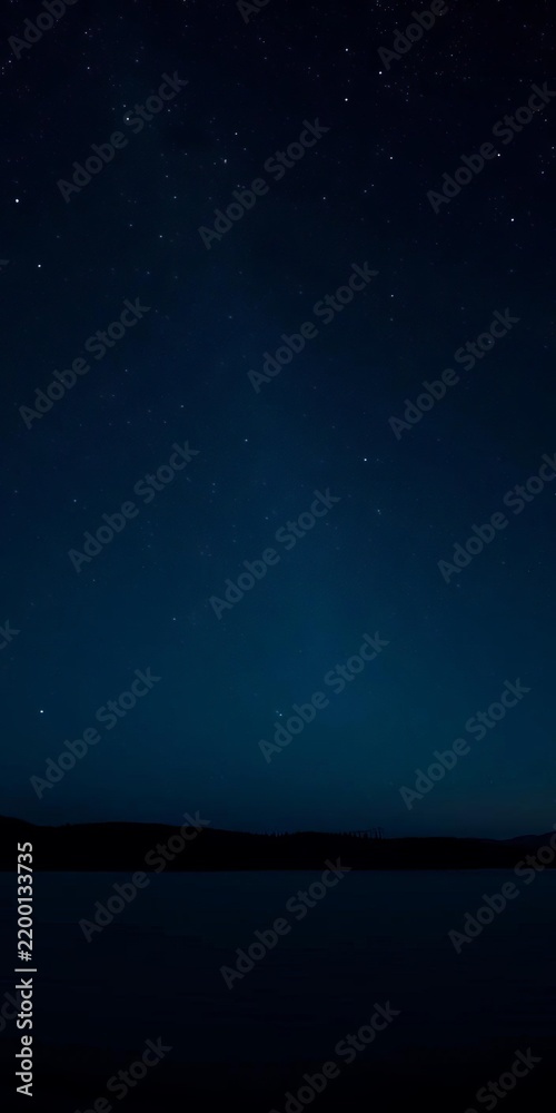 Fototapeta premium Twinkling stars scattered across a pitch-black sky, with the gentle lapping of a lake's water in the background, serene, tranquility