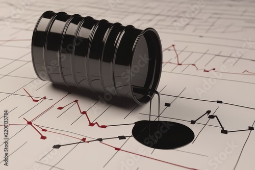 Spilled oil barrel on economic graph symbolizing market turbulence and financial volatility