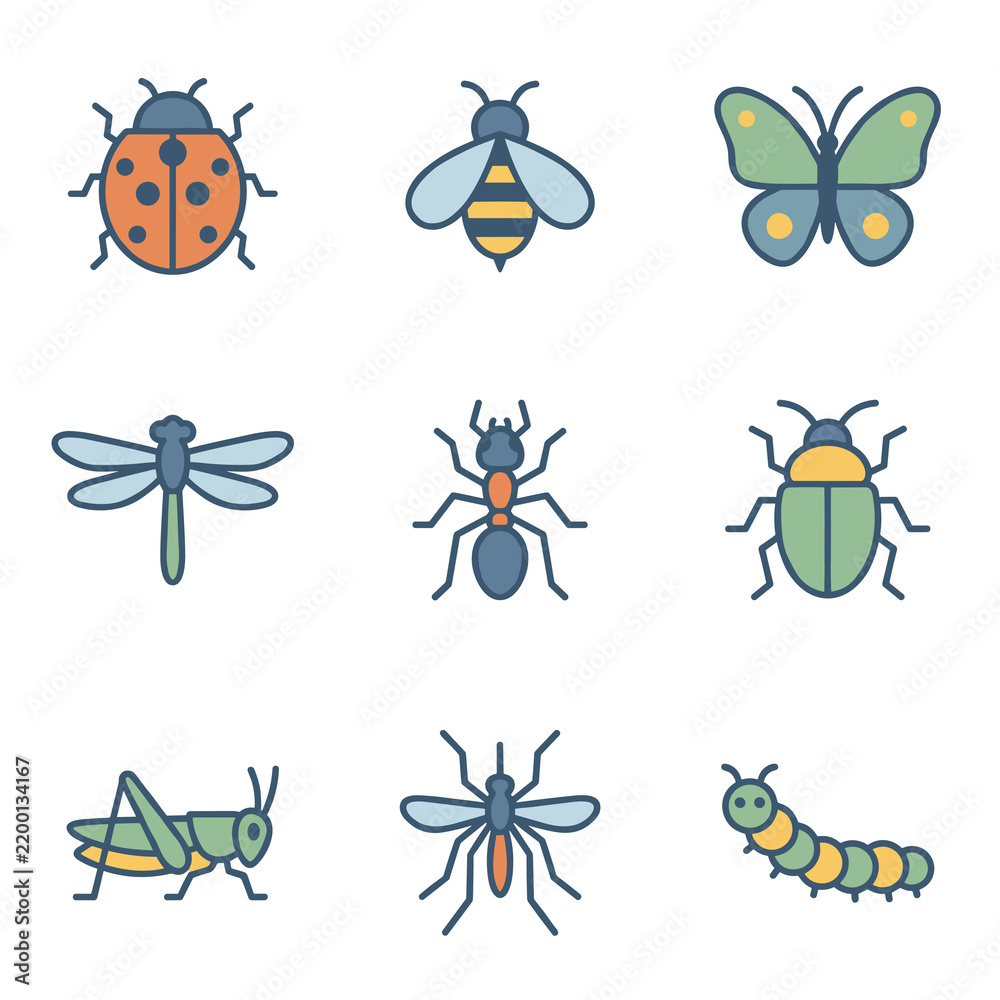 Obraz premium Comprehensive collection of minimalist insect line icons featuring butterflies, beetles, bees, spiders, and ants, designed in a modern outline style for branding and UI design.