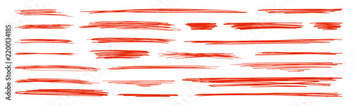 Vector set of textured paint stroke, crayon long mark and chalk red scribble with grunge effect. Hand drawn collection ideal for adding artistic emphasis to creative school or office design