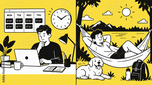 Illustration of a four-day work week concept showing an employee at a desk and relaxing outdoors in a hammock with a dog.