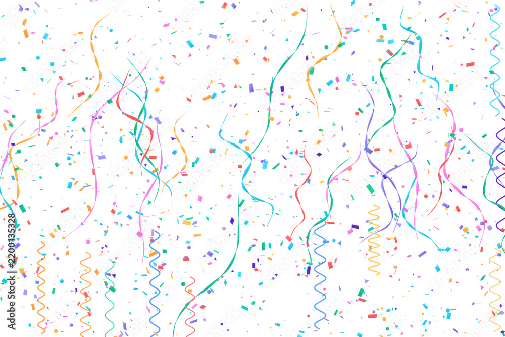 Fototapeta premium Festive multicolor confetti scattered wallpaper pattern background luxury celebration party glitter ribbon streamer