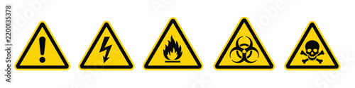 Hazard Warning Triangle Icon Set. Industrial safety symbols for electrical danger, toxic substances, fire hazards, biohazard risks, and general caution signage.