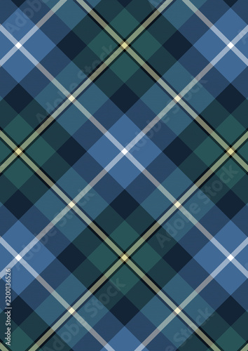 Seamless diagonal blue, green, and navy tartan plaid pattern background texture for design.