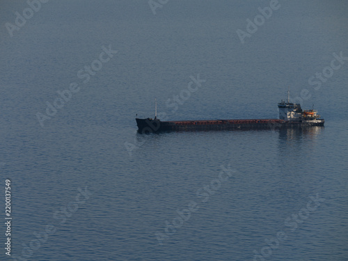 Heavy cargo ship anchored near the coast