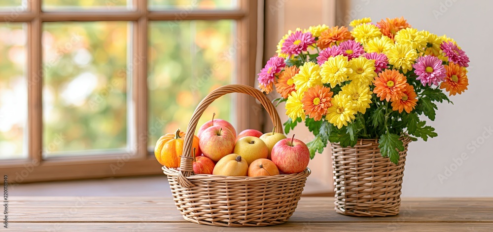 Obraz premium A cozy autumn scene featuring bright chrysanthemums and a rustic basket filled with seasonal fruits for the Double Ninth Festival.
