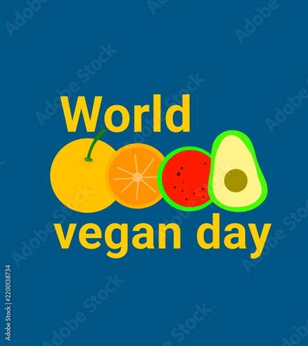 World Vegan Day poster featuring colorful fruits on a blue background for vegan lifestyle and awareness campaigns