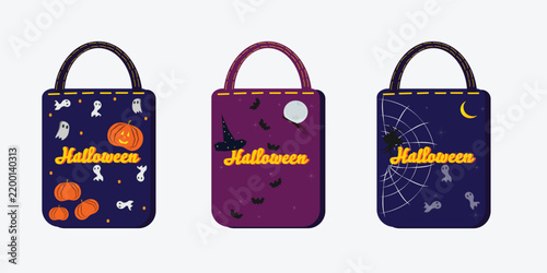 Set of Halloween tote bags featuring cute ghosts, pumpkins, bats, witch hat, and spider web vector illustration