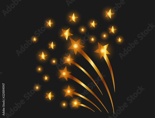 Golden glowing shooting stars with bright light trails and sparkling celestial effects on dark background.