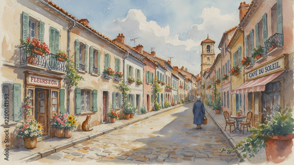 Fototapeta premium Old town street with beautiful houses and design elements, watercolor illustration for wallpaper, banner or card, horizontal city landscape.