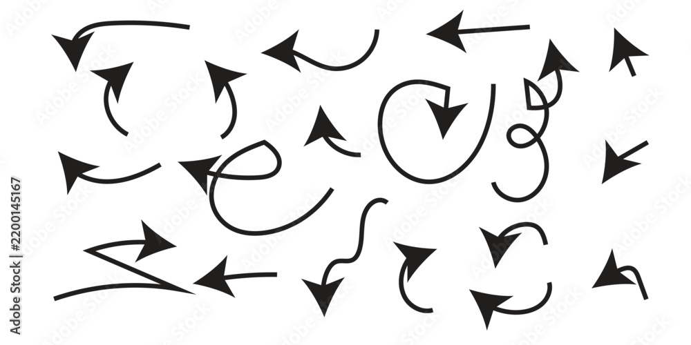 Fototapeta premium Black Curved Arrow Collection With Dynamic Swirl Paths Modern Directional Vector Set