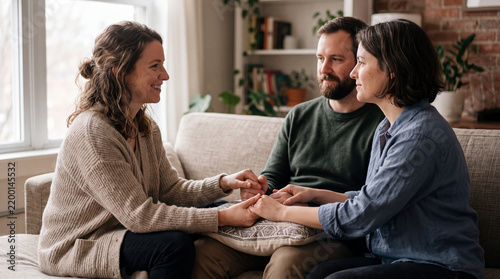 Pregnant woman talking and holding hands with a couple sitting on a sofa in a bright living room