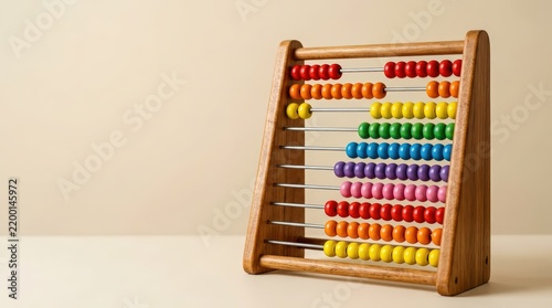 Colorful wooden abacus with bright beads sits on clean table surface as traditional calculator for mathematics education and preschool learning skills.