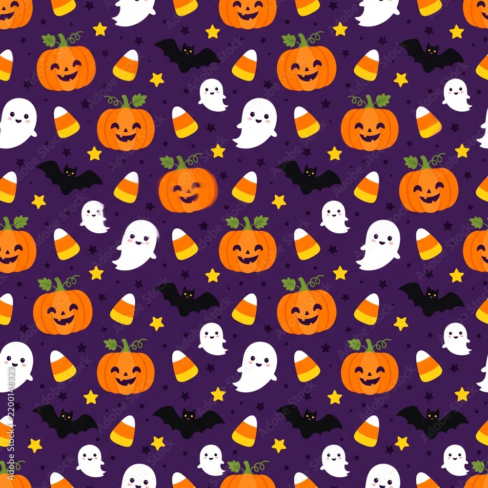 Obraz premium Cute Halloween Seamless Pattern with Smiling Pumpkins, Friendly Ghosts, Bats, and Candy Corn on Dark Purple Background