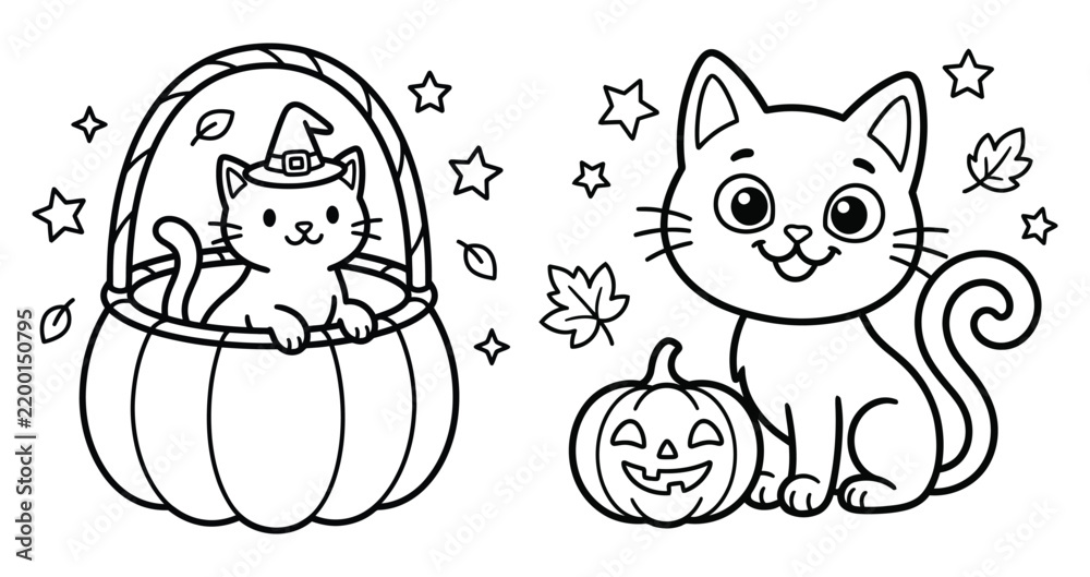 Fototapeta premium Delightful halloween coloring pages featuring adorable cats in costumes with pumpkins and sparkling stars for kids and families to enjoy