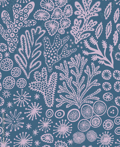 Seamless marine botanical pattern in navy blue and blush pink