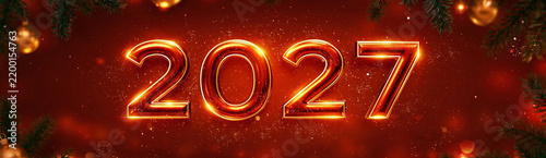 Glowing golden numerals mark the year 2027. Festive pine branches frame the fiery background. Sparkling particles drift through the warm glow. Elegant design evokes celebration and optimism