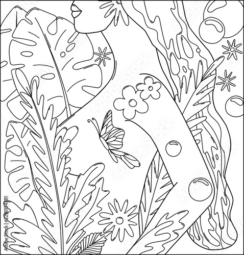 Surreal vector line art illustration featuring a female body in profile surrounded by tropical flora, flowers, palm leaves, monstera, and a butterfly. Minimalist black and white hand-drawn line design