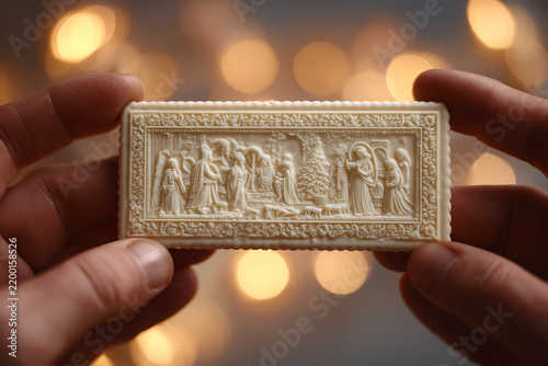 Traditional Polish Christmas wafer with embossed nativity scene held by hand, festive bokeh background