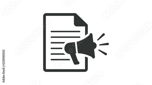 Minimalist black vector graphic icon showing a document with a megaphone for marketing and press releases