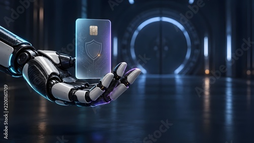 Robotic Hand Holding Transparent Microchip Smart Card with Glowing Circuit Shield for Fintech and Cyber Security
