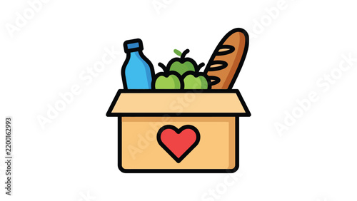 Cardboard donation box filled with fresh healthy food products designed as a clean vector graphic illustration