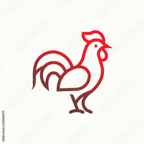 Minimalist-style vector illustration of a rooster featuring bold red and brown lines, isolated on a light background.