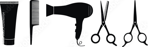 Hairdressing Salon Tools Icons featuring Scissors, Comb, Razor, and Grooming Symbols for Professional Barbershop Services