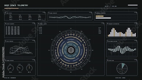 Futuristic sci-fi deep space telemetry HUD interface with radar, data charts, graphs, and digital control panels for tech and gaming projects.