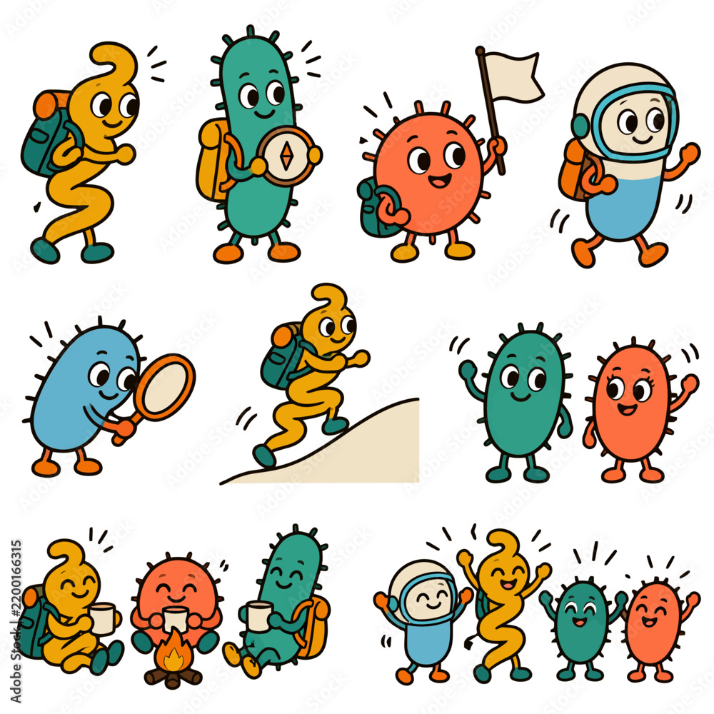 Obraz premium Bacteria Cartoon Character Set Hiking Camping Adventure
